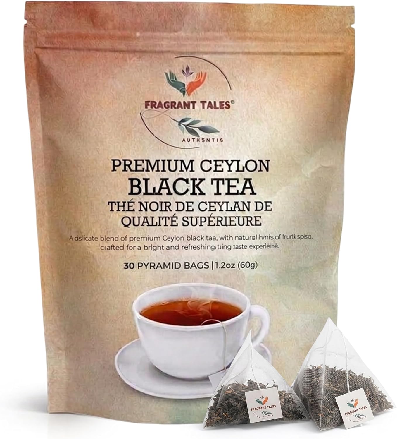 Premium Ceylon Black Tea | 60g (2.12 oz) – 30 Pyramid Tea Bags | Whole Leaf Ceylon Tea from Sri Lanka (Ceylon) | Bold & Bright Flavor with Delicate Hints of Fruit & Spice | Fragrant Tales