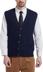Kallspin Men's Cable Knit Sweater Vest Wool Blend V Neck Button Down Sleeveless Cardigan Vest