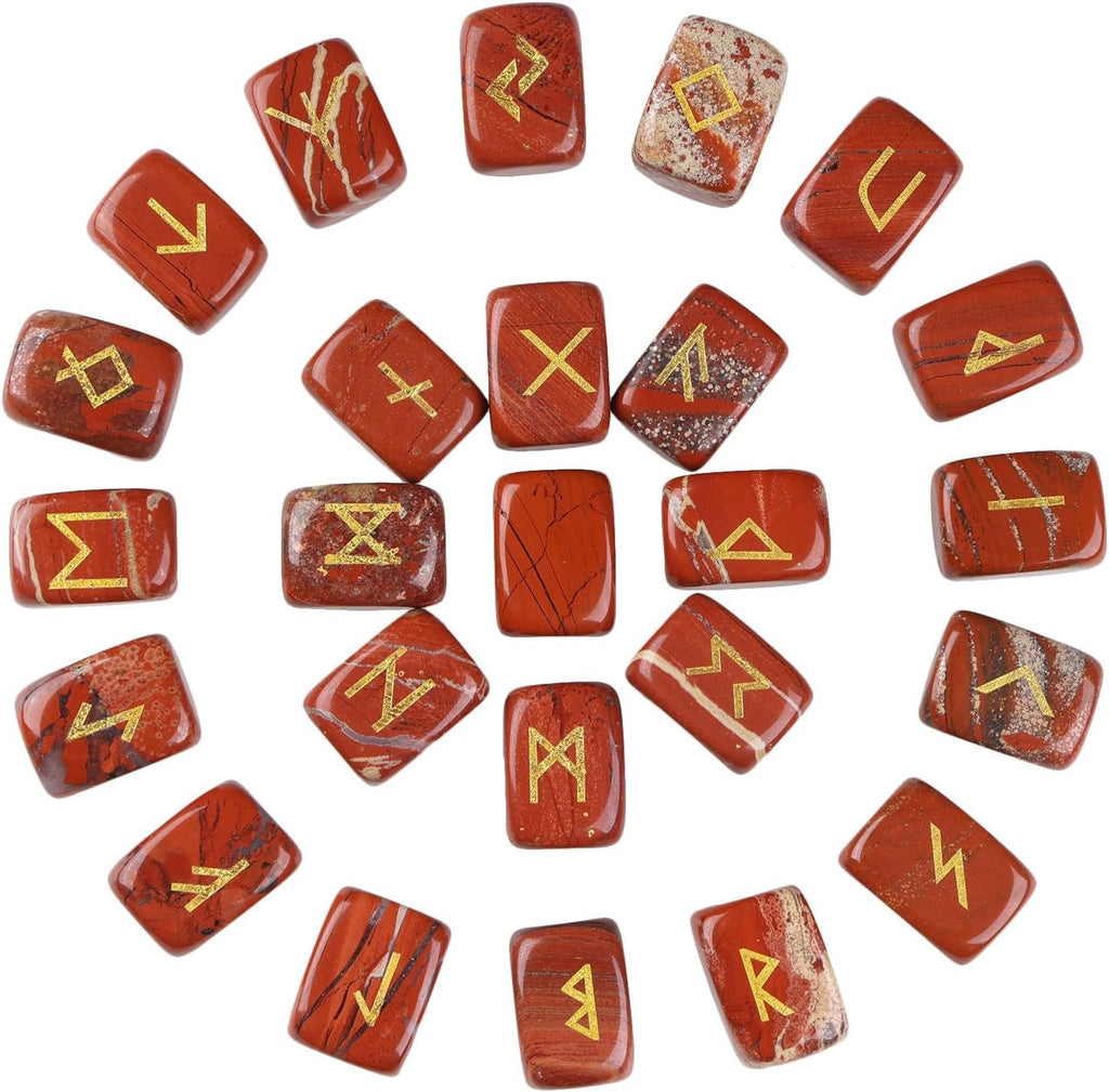 Pack of 25 Rune Stones Engraved Pagan Lettering, Irregular Tumbled Stone Set with Golden Elder Futhark Alphabet for Crystal Divination Wicca and Reiki Healing, Red Jasper