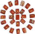 Pack of 25 Rune Stones Engraved Pagan Lettering, Irregular Tumbled Stone Set with Golden Elder Futhark Alphabet for Crystal Divination Wicca and Reiki Healing, Red Jasper
