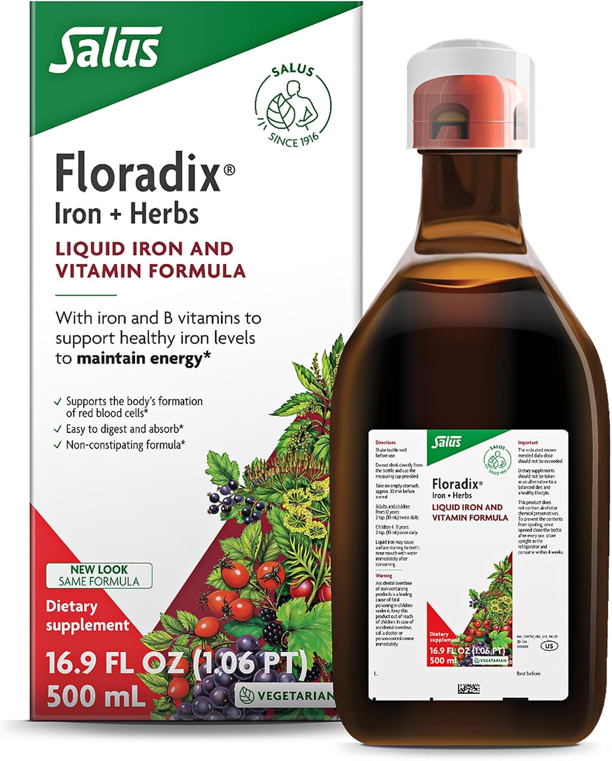 Floradix Iron & Herbs - Liquid Herbal Supplement for Energy Support - Iron Supplement with Vitamin C & Vitamin B Complex - Ferrous Gluconate Iron - for Men & Women - 16.9 fl oz