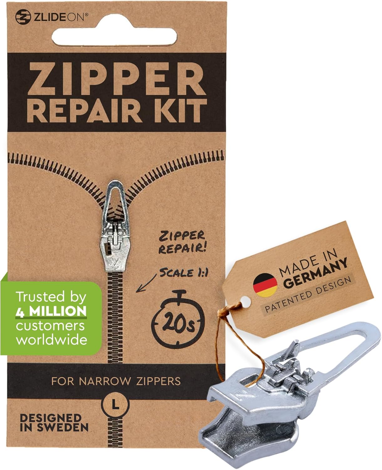 Zlideon Zipper Repair Kit for Narrow Zippers - 1pcs, Silver (L/5) | Instant Zipper Pull Replacement Slider for Dresses, Bedding, Hoodies, Light Jackets, Sportswear | Easy to Install | Made in Germany