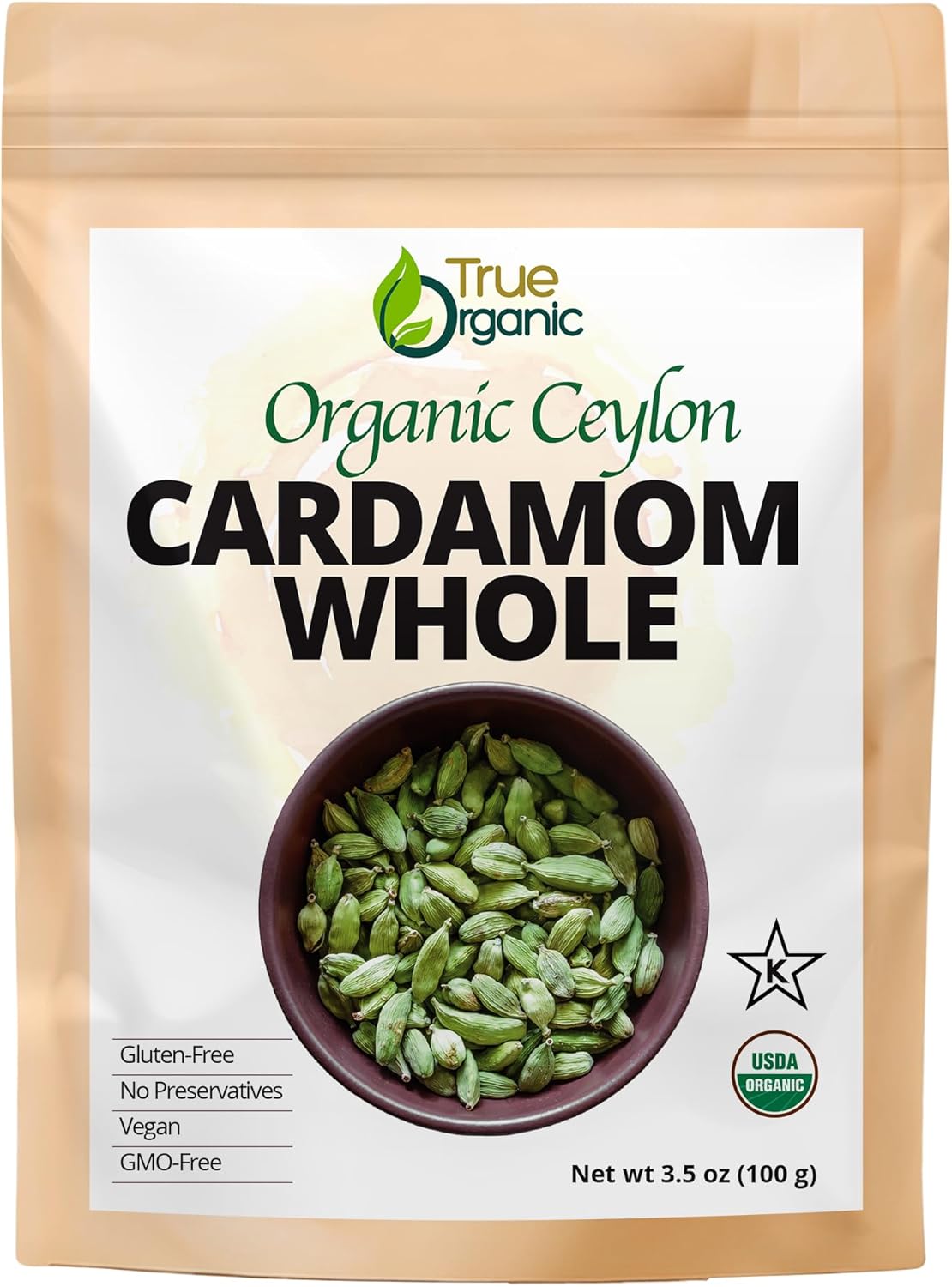 True Organic Cardamom Whole 3.5 oz – Certified Organic, USDA & Kosher Certified, Pure Ceylon Premium Quality