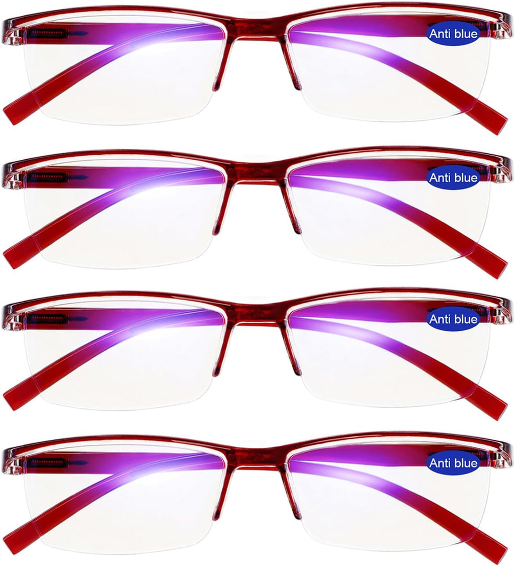 4 Packs Red Reading Glasses 1.0 for Women Multipack Blue Light Blocking Semi-rim Readers 1.00 1.50 2.00 2.50 3.00 3.50 4.00