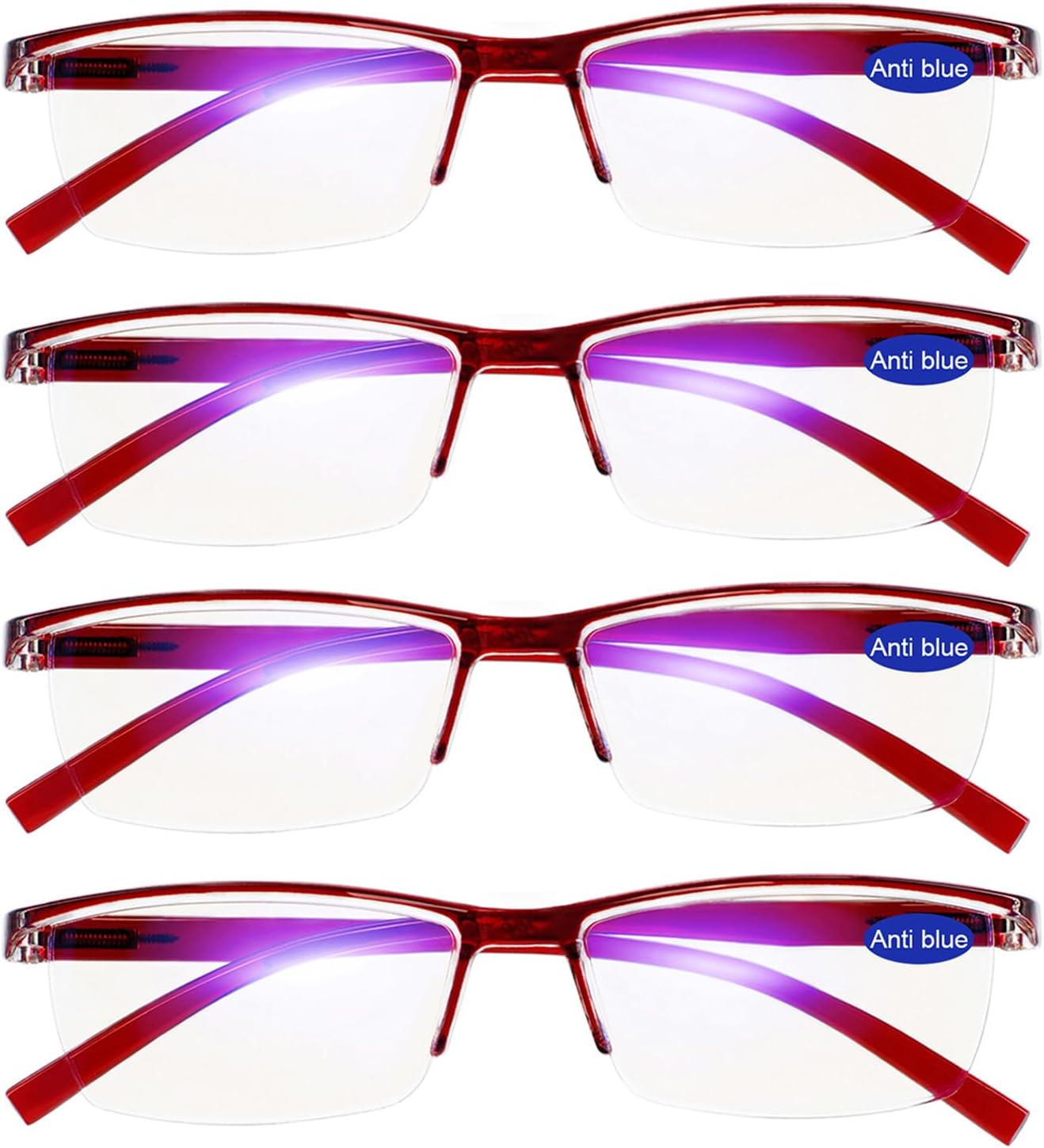 4 Packs Red Reading Glasses 1.0 for Women Multipack Blue Light Blocking Semi-rim Readers 1.00 1.50 2.00 2.50 3.00 3.50 4.00
