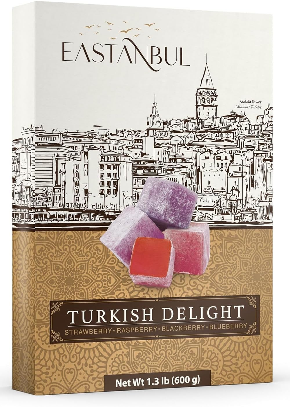 Eastanbul Turkish Delight, 21.2oz, Turkish Delights Candy Assorted Strawberry, Blackberry, Raspberry & Blueberry Flavor, International Candy, Lokum, Plain, Gluten Free, Vegan