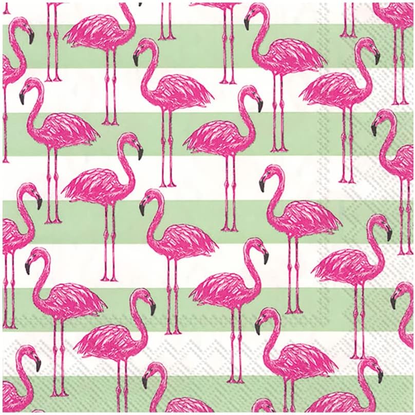 IHR Rosanne Beck Collections Cocktail Beverage Paper Napkins, 20-Count, 5 x 5-Inches, Flamingo Stripe