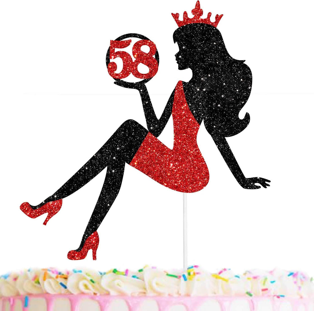 58 Red & Black Sitting Girl Silhouette Cake Topper Decorations with Glamour for Lady 58 Birthday Theme Queen Sexy Party Decor Supplies