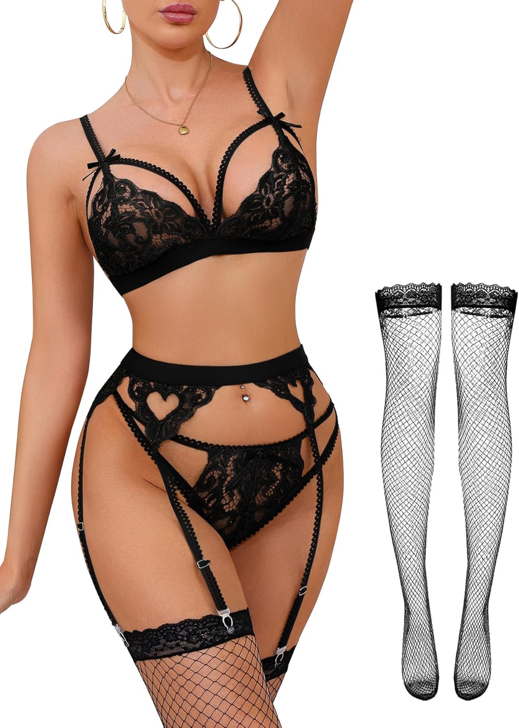 Foxiny Sexy Stockings Wireless Bows Floral Lace Mesh Sheer Garter Belt Bodydoll Lingerie Set 4 Piece Outfits