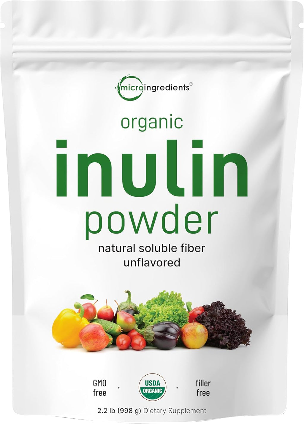 Micro Ingredients Organic Inulin FOS Fiber Powder, 2.2 lbs | Quick Water-Soluble Prebiotic | Natural Fiber for Smoothies & Drinks | Vegan Friendly, Dissolves Clear