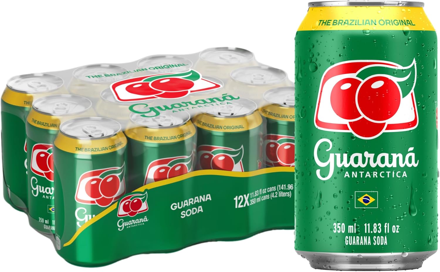 Guarana Antarctica, The Brazilian Original Guarana Soda, Regular, 11.83 fl oz (Pack of 12)