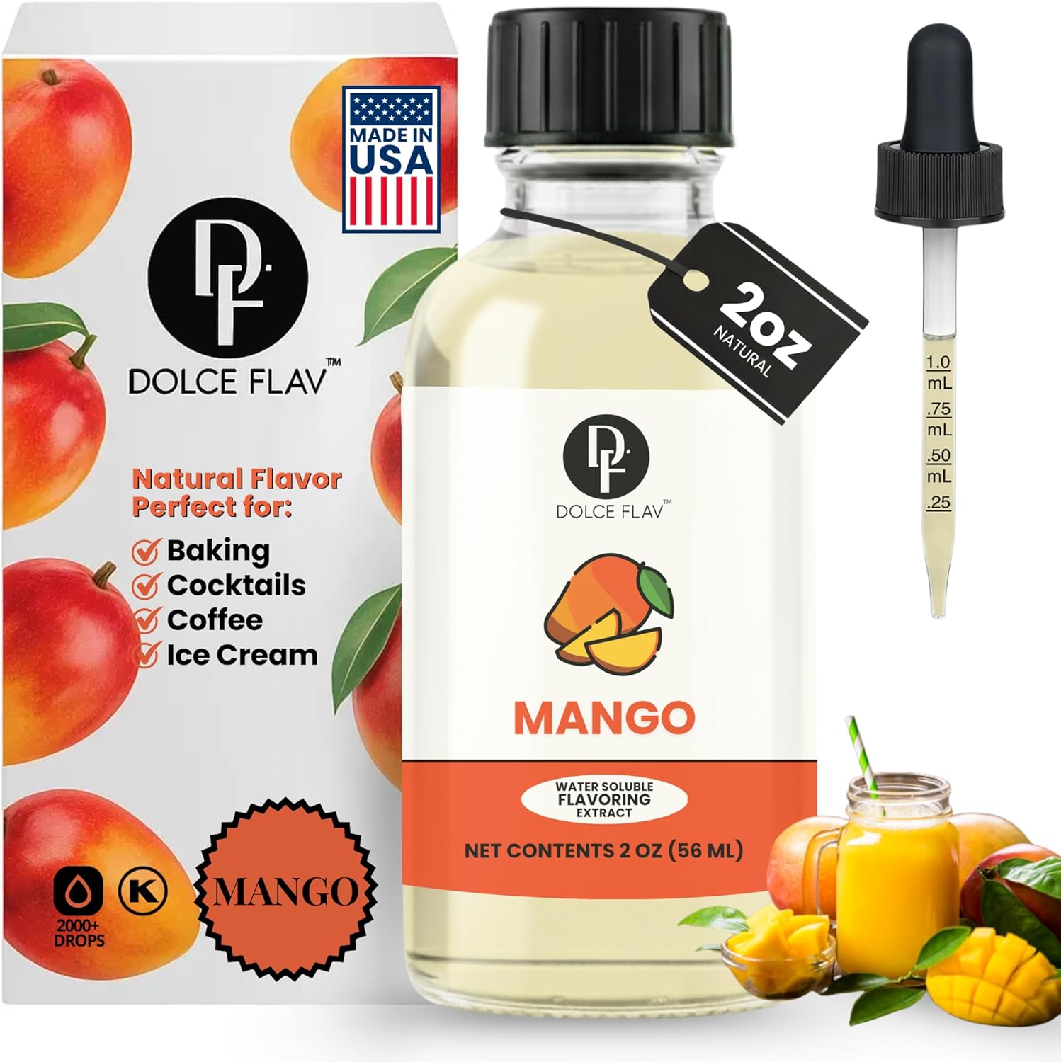 Dolce Flav Mango Extract - 2 Ounce Water-Soluble Multipurpose Flavoring Ideal for Baked Goods, Beverages, Coffee, Desserts & Ice Cream - Mango Essence Perfect for Weight Management
