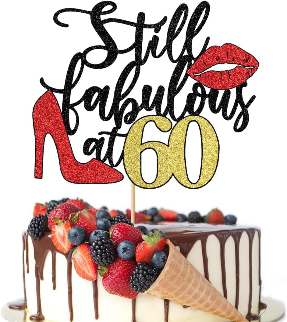 Still Fabulous at 60 Cake Topper,Happy 60th Birthday Cake Topper,Queen High heels Big Red lips Cake Topper,Women 60th Birthday Party Cake Decorations
