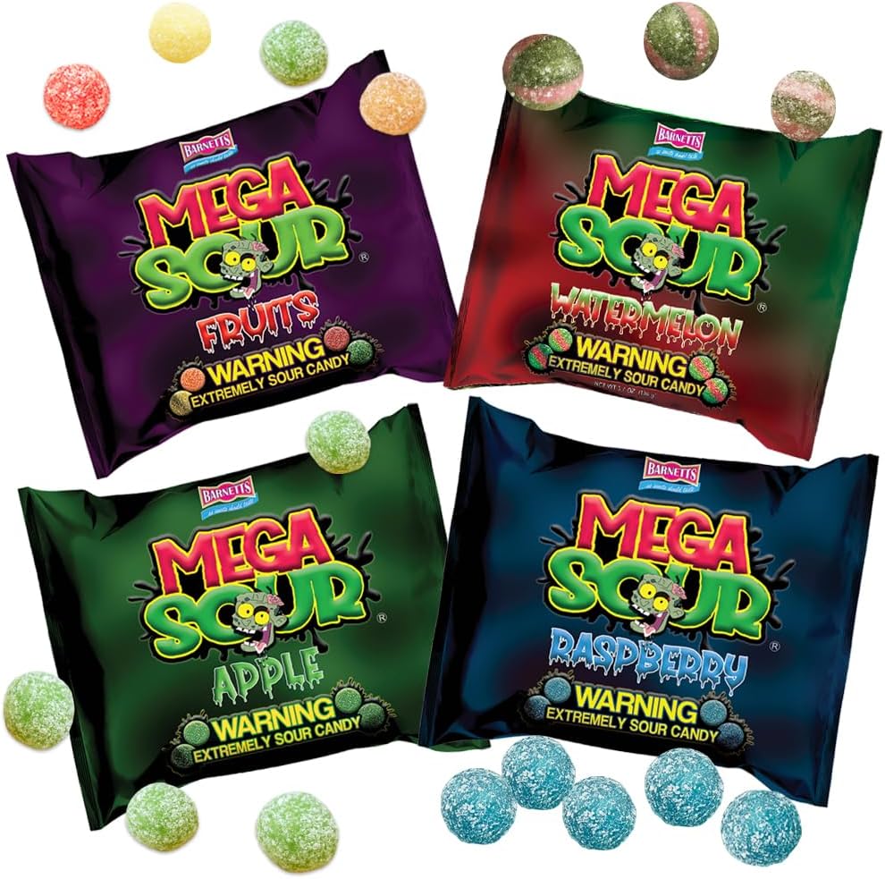 Barnetts Mega Sour Candy 4 Pack – Handmade British Sweets – Raspberry, Apple, Watermelon & Fruits – Gift or Party Treat (104g x 4)