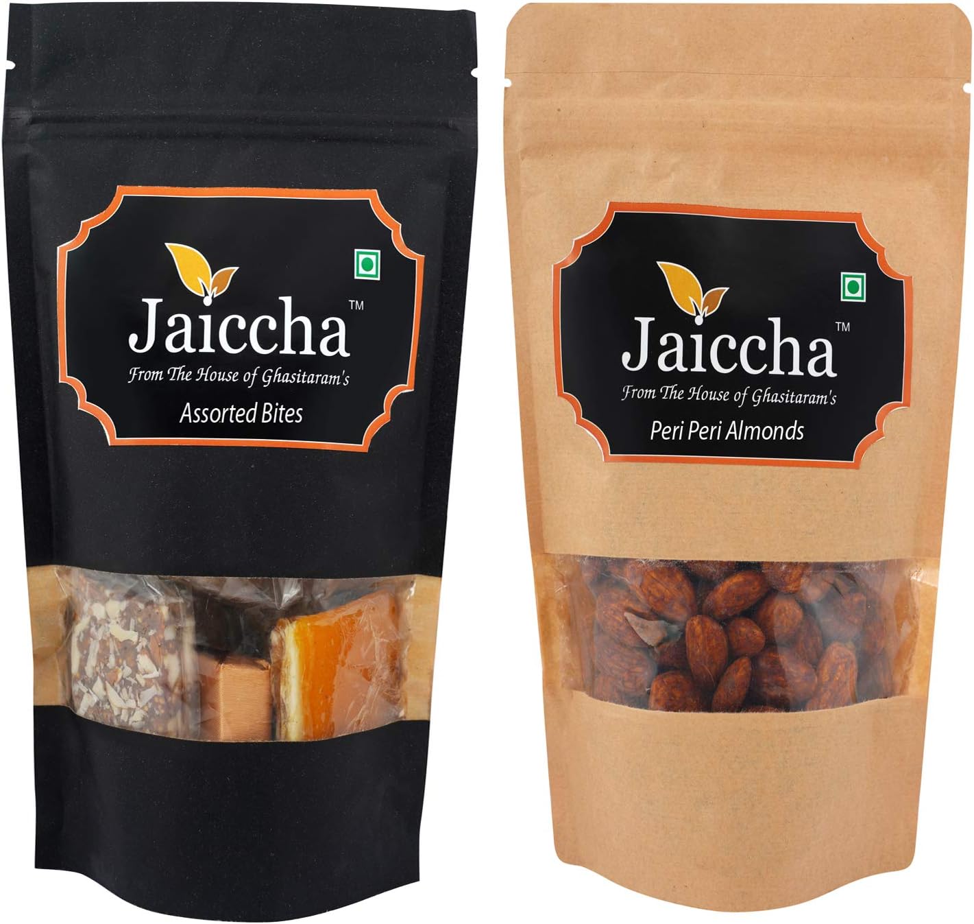 Jaiccha Ghasitaram Pack of 2 Assorted Bites and Peri Peri Almonds Pouches 400 GMS