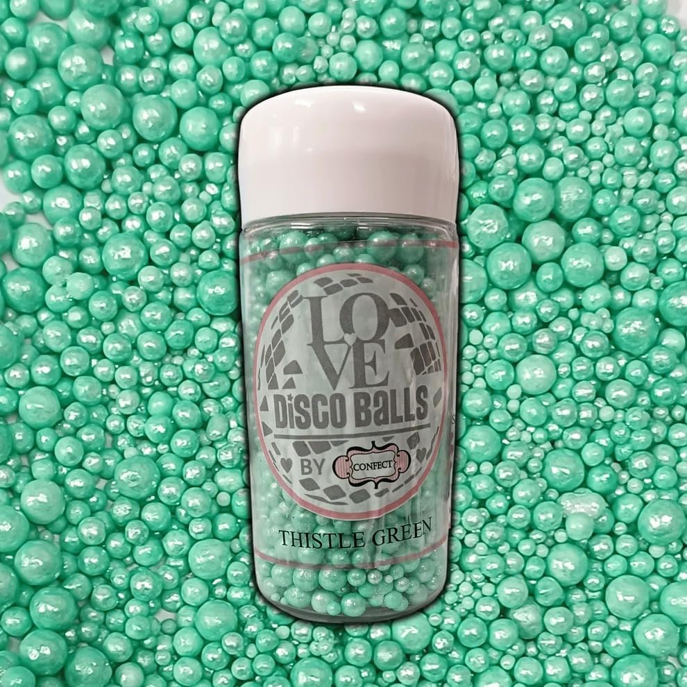 Confect Love Disco Balls Thistle Green Decorative Candy Pearls, Cake Decorating Sprinkles | Vegan, Gluten-Free, Soy-Free, Dairy-Free, Palm Oil-Free – 4.2 Oz