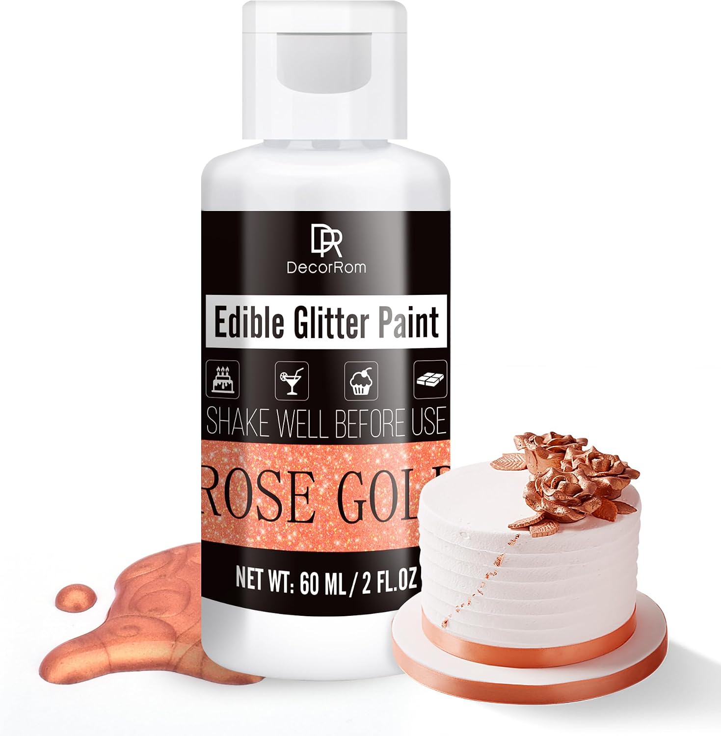 Edible Glitter Paint - 2 fl.oz Metallic Edible Cake Paint for Cake Decorating, Baking, Cupcakes, Candy - Food Grade Shimmer Art Decorative Paint Liquid Luster Dust for DIY Cookie, Fondant (Rose Gold)