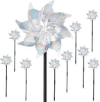 BATTIFE 10 Pack Reflective Pinwheels with Stakes, Pre-Installed Sparkly Silver Wind Spinner, Decorative Pin Wheel Bird and Animal Deterrent for Garden, Yard, Lawn
