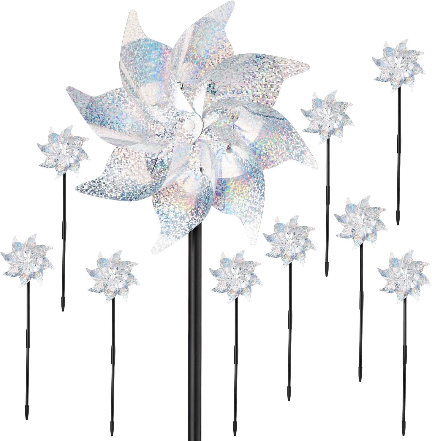 BATTIFE 10 Pack Reflective Pinwheels with Stakes, Pre-Installed Sparkly Silver Wind Spinner, Decorative Pin Wheel Bird and Animal Deterrent for Garden, Yard, Lawn