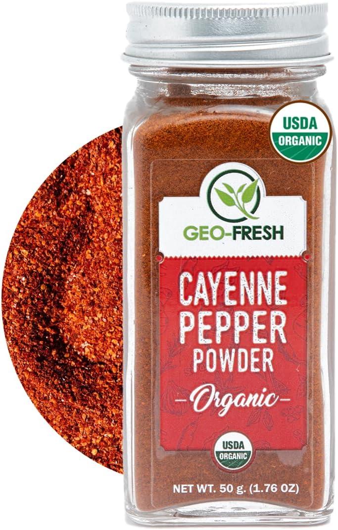 Geo-Fresh Organic Cayenne Pepper Powder, 1.76 oz (50g) – Spicy & Aromatic Cayenne Chili Powder Organic – Pure Ground Red Pepper Powder – USDA Certified Organic – Non-GMO – Kosher – Gluten-Free – Product of India