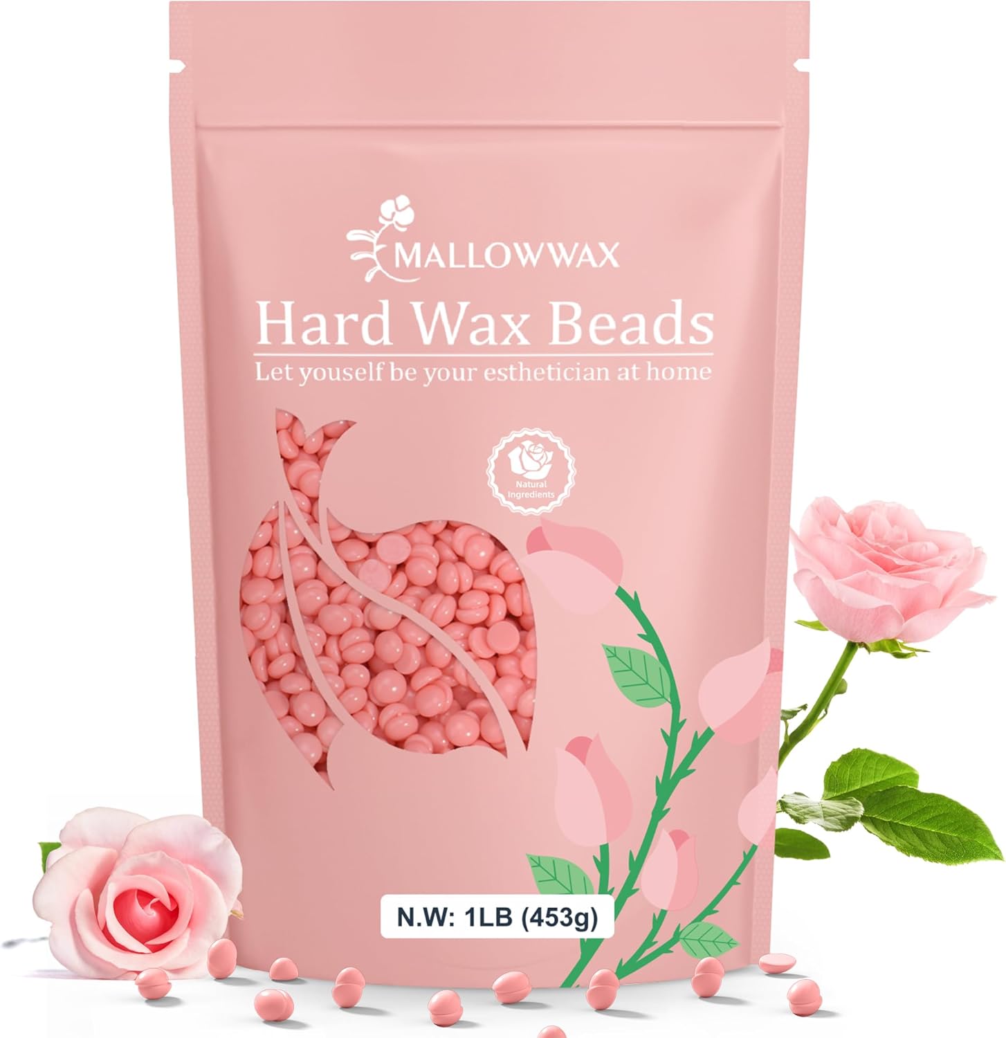 Hard Wax Beads, 1LB Pink Rose Wax Beans for Hair Removal, Waxing Beads Refill for Sensitive Skin, Perfect for Facial, Brazilian, Upper lip, Cheeks and Bikini Waxing at Home for Women Men