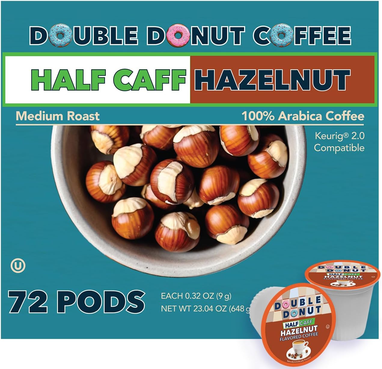 Double Donut Coffee Half Caff Hazelnut Flavored Coffee Pods, Medium Roast Coffee Compatible with Keurig K Cups Brewers 72 ct