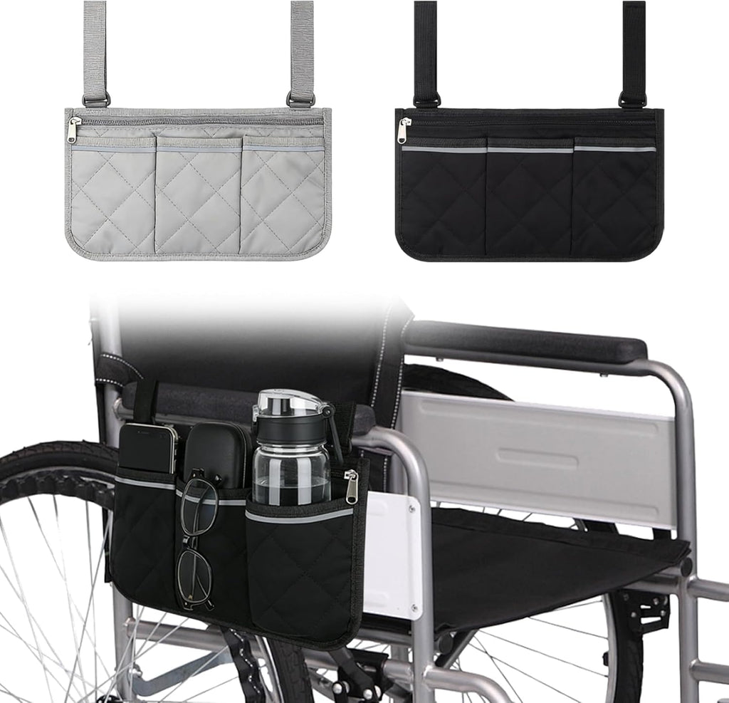 2Pcs Wheelchair Side Bag with Cup Holder, Waterproof Armrest Zipper Storage Pouch for Walker, Rollator, Power Electric Wheelchairs, Mobility Scooter Side Pocket Organizer Accessories, Black Grey