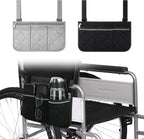 2Pcs Wheelchair Side Bag with Cup Holder, Waterproof Armrest Zipper Storage Pouch for Walker, Rollator, Power Electric Wheelchairs, Mobility Scooter Side Pocket Organizer Accessories, Black Grey