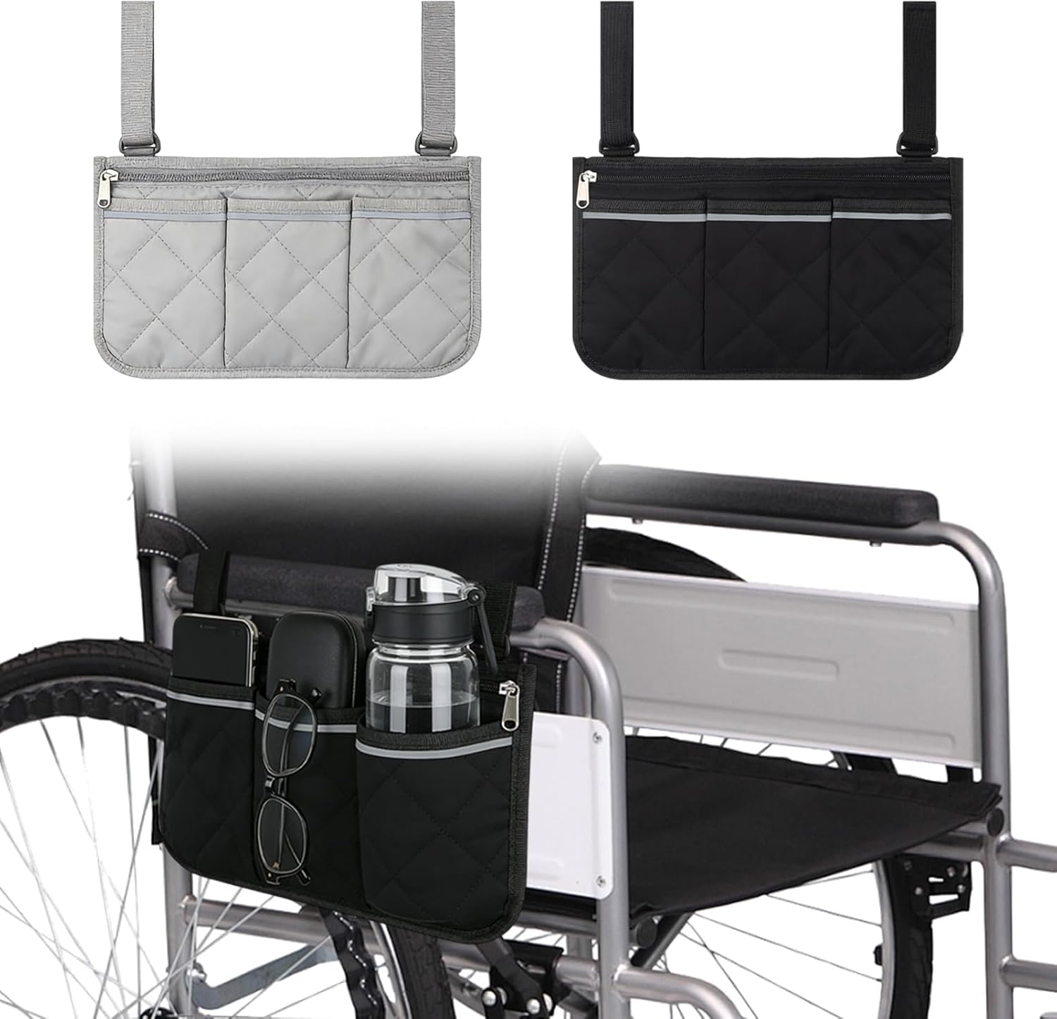 2Pcs Wheelchair Side Bag with Cup Holder, Waterproof Armrest Zipper Storage Pouch for Walker, Rollator, Power Electric Wheelchairs, Mobility Scooter Side Pocket Organizer Accessories, Black Grey