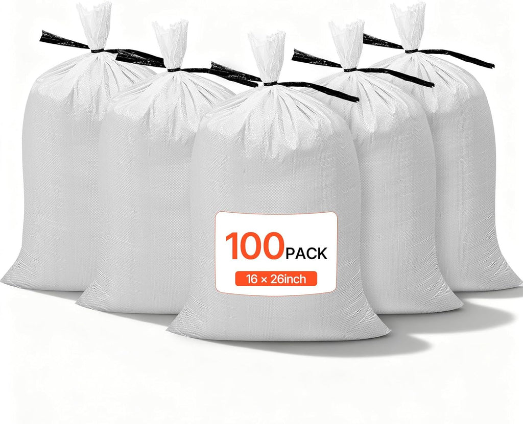 VEVOR Heavy Duty Sand Bags, 100 Pack 16" x 26", Empty Sandbags for Flooding with Tie Strings, Woven Polypropylene Sand Bag with 1600 Hours of UV Protection, 50Lbs Capacity