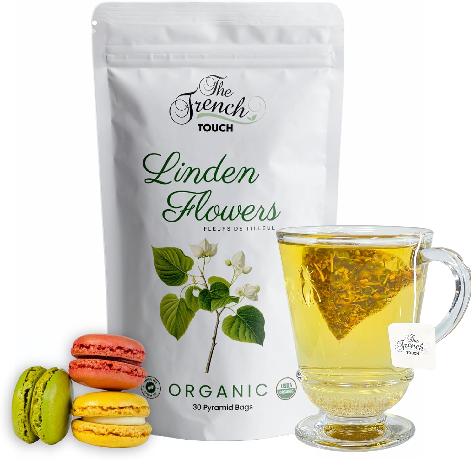 The French Touch Linden Flowers Tea ORGANIC | 2.0g x 30 Pyramid Bags | 100% Certified USDA Organic | Plant based tea bags | Select Premium Tea (Linden Flowers) | Caffeine-free