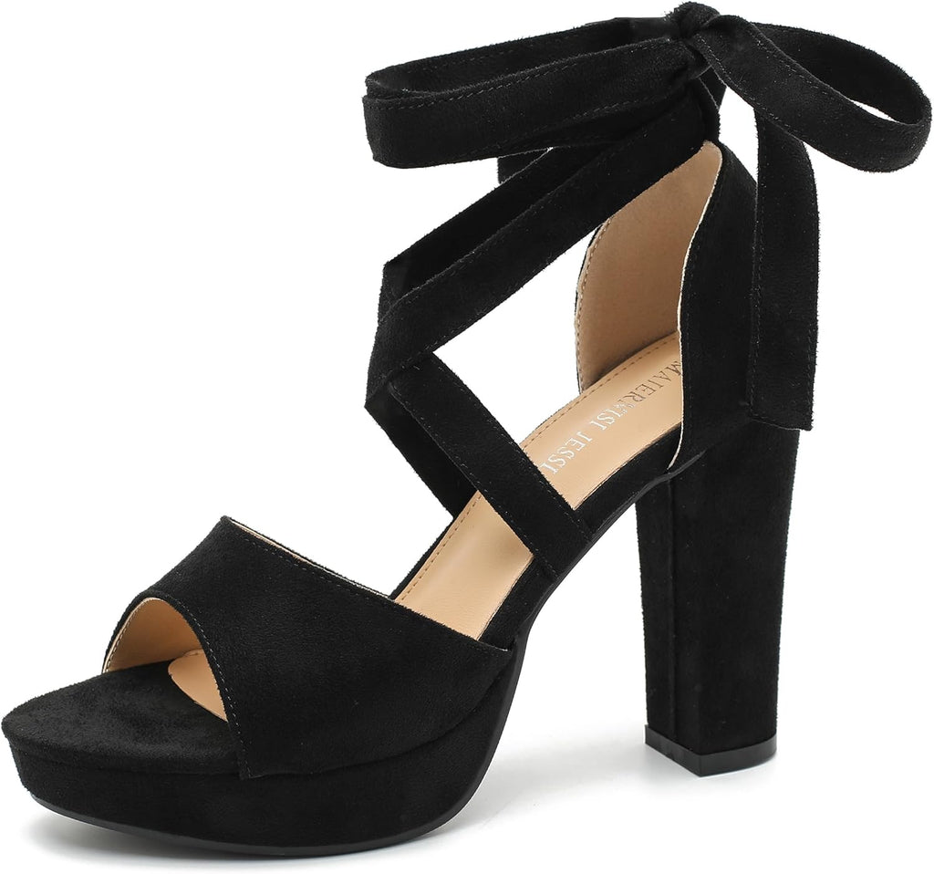 MAIERNISI JESSI Women's Strappy Platform Sandals, Chunky High Heel with Lace-Up Ankle Tie, Open Toe, 3.94 Inch