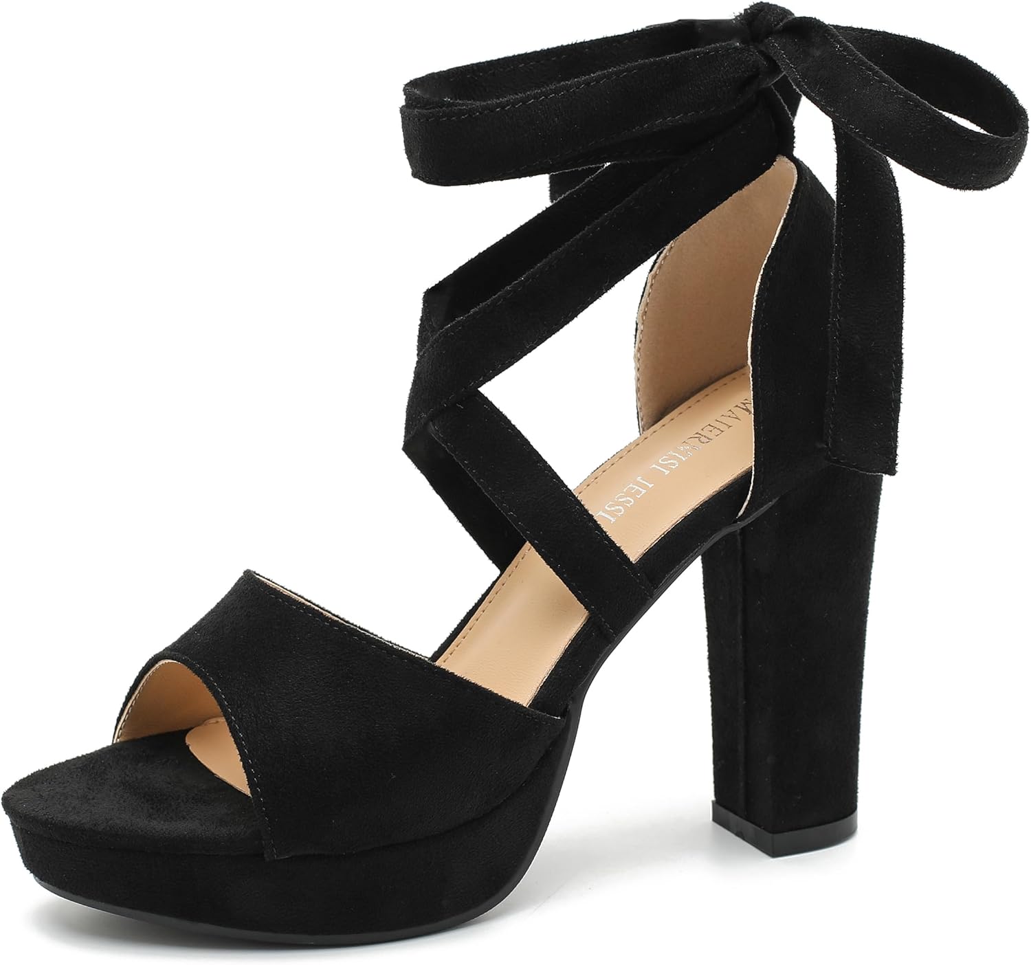 MAIERNISI JESSI Women's Strappy Platform Sandals, Chunky High Heel with Lace-Up Ankle Tie, Open Toe, 3.94 Inch
