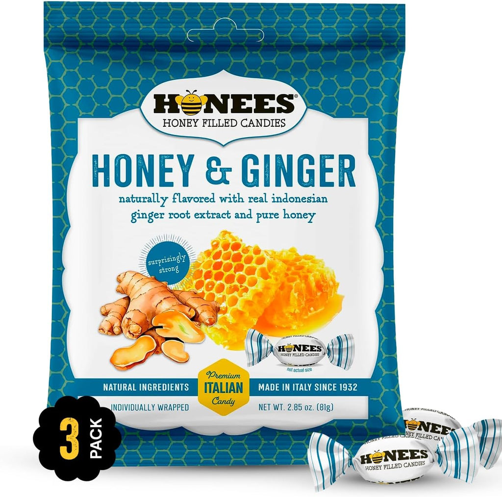 Honees Honey & Ginger Hard Candy Individually Wrapped | Natural & Healthy Candy, Italian Made with Real Honey & Indonesian Ginger, 3 Pack (8.55 oz)