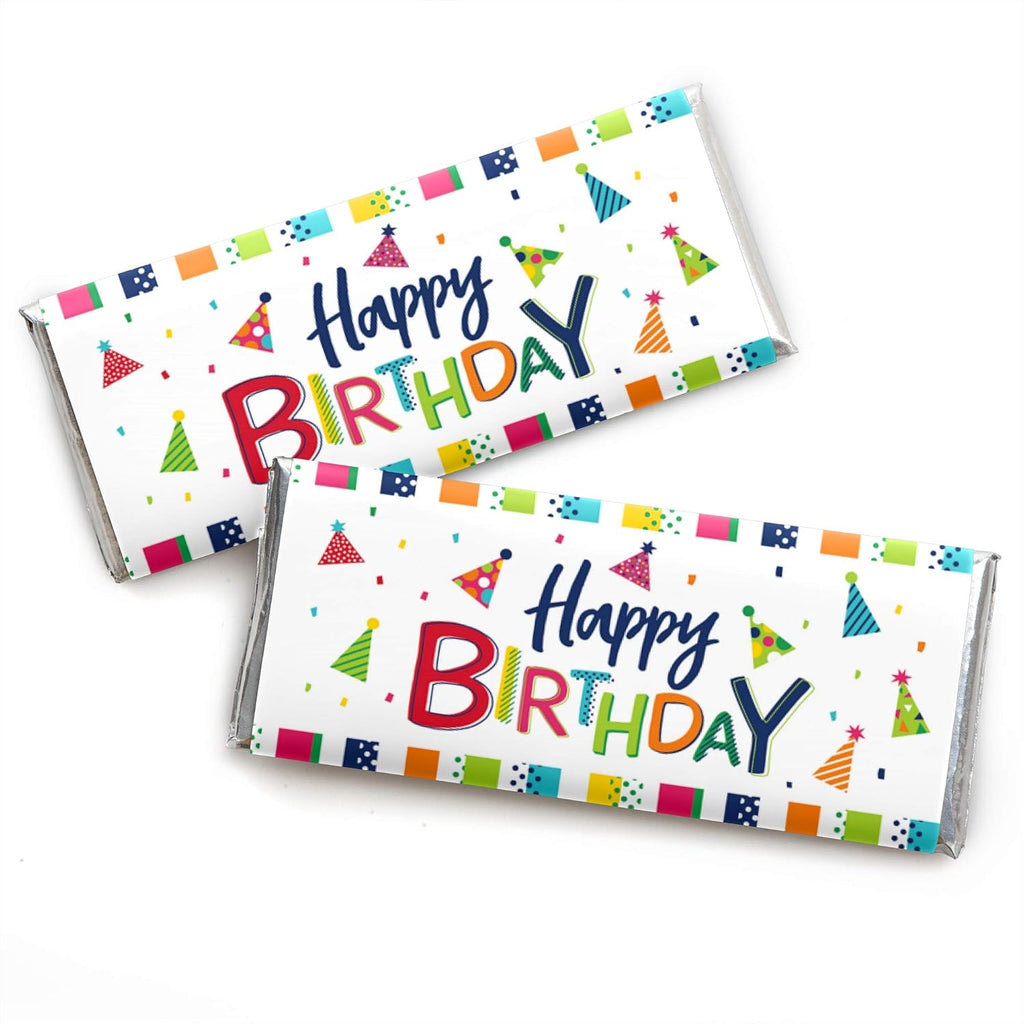 Big Dot of Happiness Cheerful Happy Birthday Candy Bar Wrappers with Silver Foil - Birthday Party Favors for Chocolate Bars, Fun Celebration Decorations Pack of 24