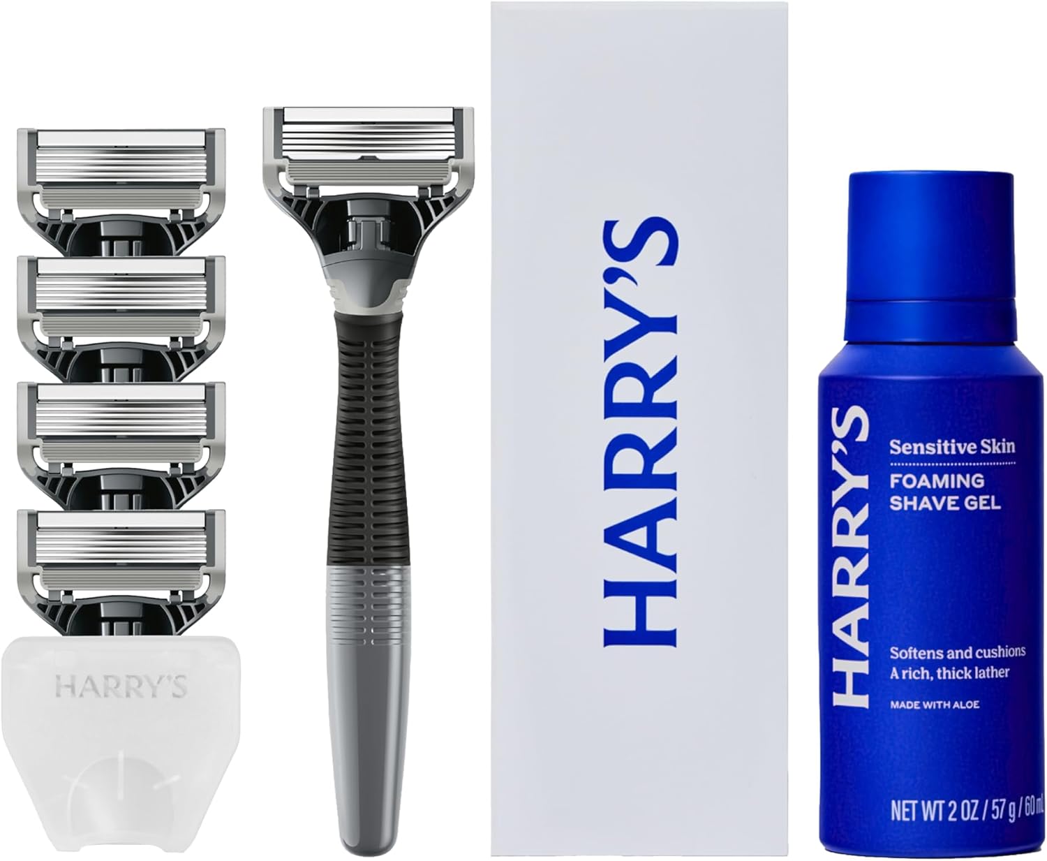 Harry's Original Shaving Kit for Men - Razor Handle, 5 Razor Blade Refills, Foaming Shave Gel, and Travel Blade Cover - TSA Approved Travel Essentials - German Engineered - Charcoal