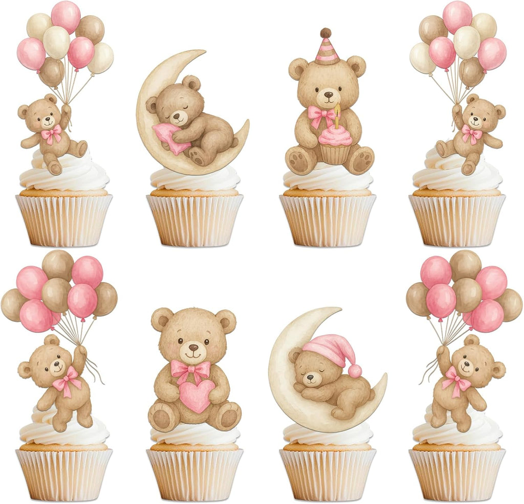 Pink Bear Cupcake Toppers 36 Pcs - Baby Shower Gender Reveal Decor, "We Can Bearly Wait" Party Cake Supplies