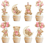 Pink Bear Cupcake Toppers 36 Pcs - Baby Shower Gender Reveal Decor, "We Can Bearly Wait" Party Cake Supplies