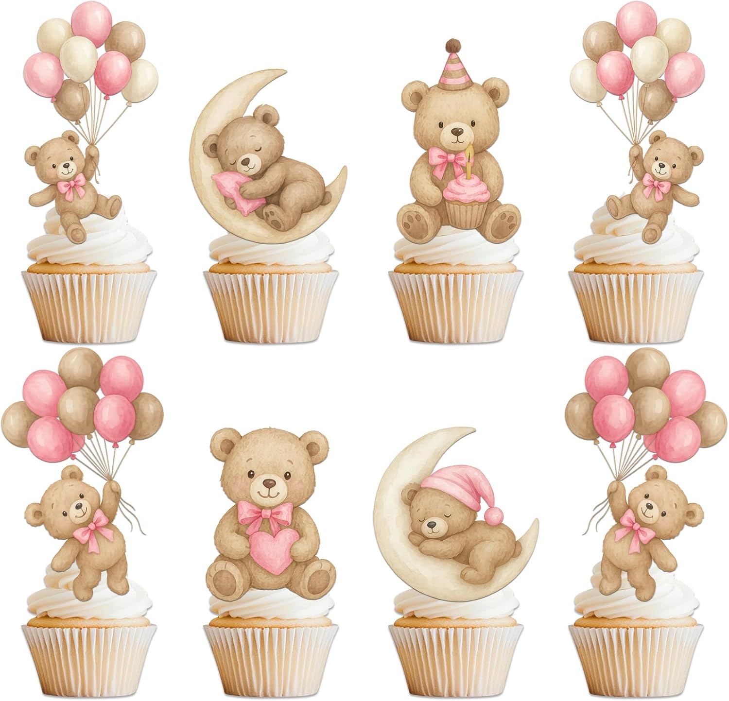 Pink Bear Cupcake Toppers 36 Pcs - Baby Shower Gender Reveal Decor, "We Can Bearly Wait" Party Cake Supplies