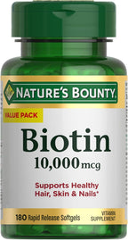 Nature's Bounty Biotin Hair Skin and Nails Vitamins, Supports Healthy Hair, Skin and Nails, 10,000 mcg, Rapid Release Softgels, 180 Ct