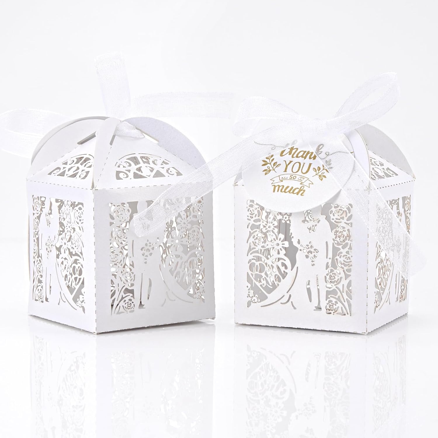 AdasBridal 50pcs Wedding Favor Boxes White Treat Boxes Candy Box Laser Cut The Groom and The Bride with Thank You Card Wedding Bridal Shower Anniversary Party Gift for Guest 1.97in