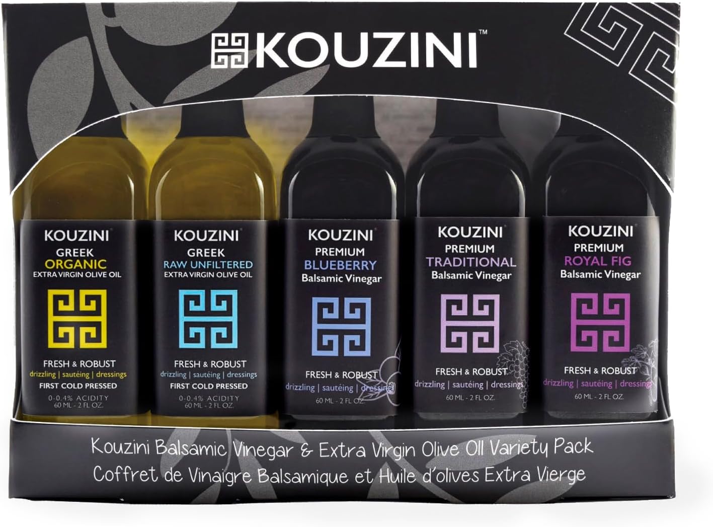 Kouzini Variety Gift Pack - Greek Extra Virgin Olive Oil and Balsamic Vinegar, 3 Balsamic Vinegars with 2 Greek Olive Oil Bottles, Great Cooking Oil Dispenser Bottle Refill, 60 ml, Pack of 5