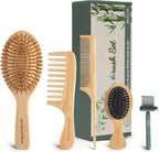 Bamboo Hair Brush Set – Mother’s Day Gift, Bamboo Comb Set for Hair Growth, Paddle Detangling Hairbrush, Wide Tooth & Tail Tooth Comb and Mini Boar Bristle Travel Hairbrush, Brush Cleaner Included