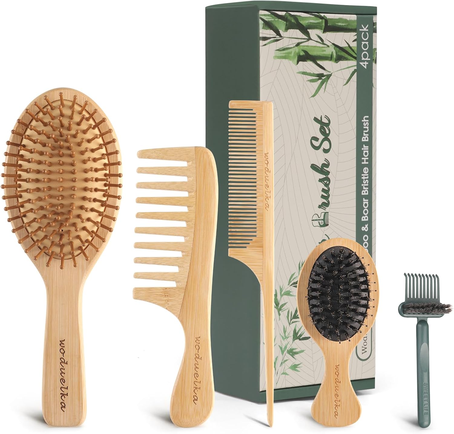 Bamboo Hair Brush Set – Mother’s Day Gift, Bamboo Comb Set for Hair Growth, Paddle Detangling Hairbrush, Wide Tooth & Tail Tooth Comb and Mini Boar Bristle Travel Hairbrush, Brush Cleaner Included