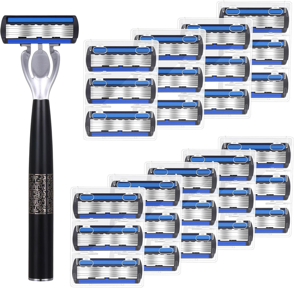 28 Pcs Disposable Men's Razors Set Refillable 6-Blade Sensitive Skin Razor Kit for a Comfortable Shave, 1 Handle and 27 Cartridges