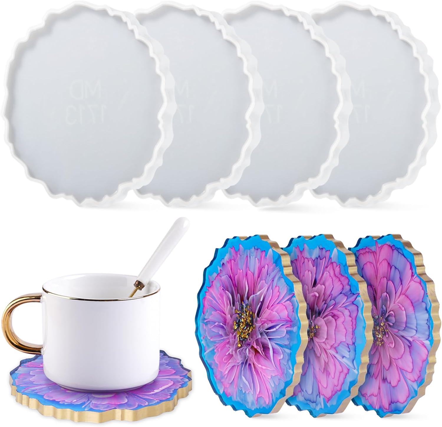 LET'S RESIN 4Pcs Resin Coaster Molds, Druzy Geode Agate Silicone Coaster Molds for Epoxy Resin, 5Inches Large Mould for DIY Art Craft Cup Mats, Durable and Flexible Moulds
