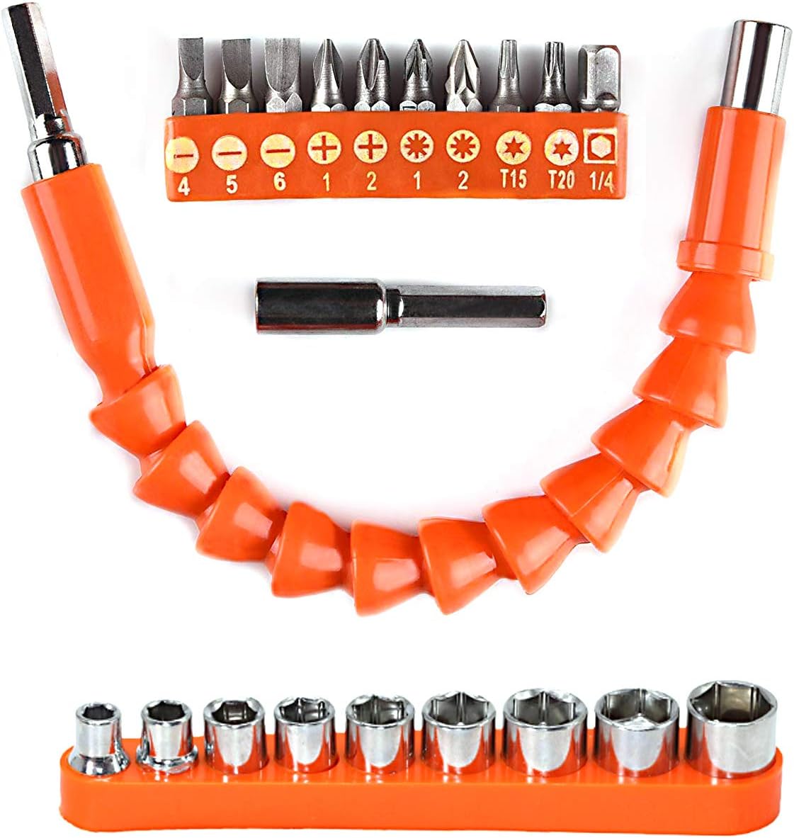Flexible Drill Bit Extension, 11.6inch Bendable Drill Bit Extension, Universal 1/4 Flexible Extension for Drill Adaptor Hex Set Orange (21 PCS)