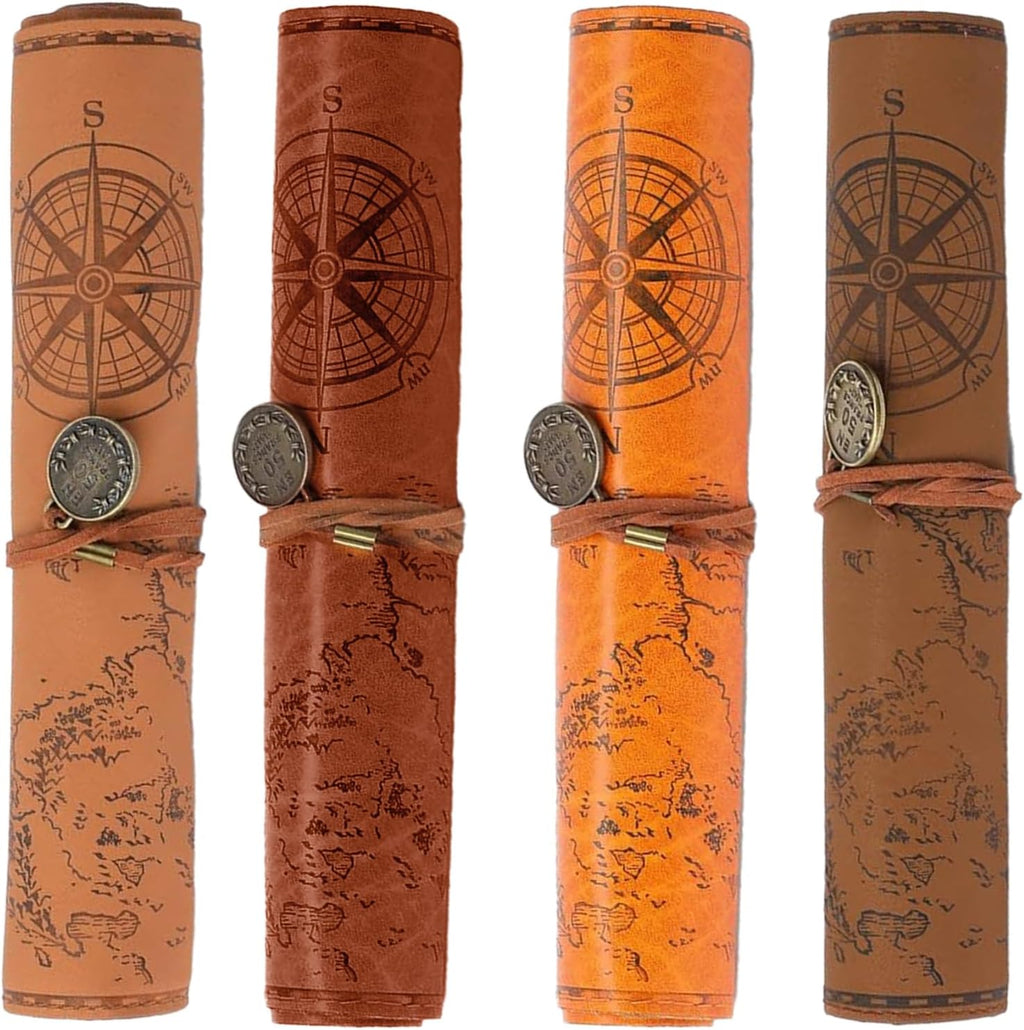 4 Pieces Leather Pencil Case, Creative Map Rollup Pencil Bag, Vintage Makeup Brush Pouch, Brown PU Matte Smooth Cover Storage Pouch Holder Organizer