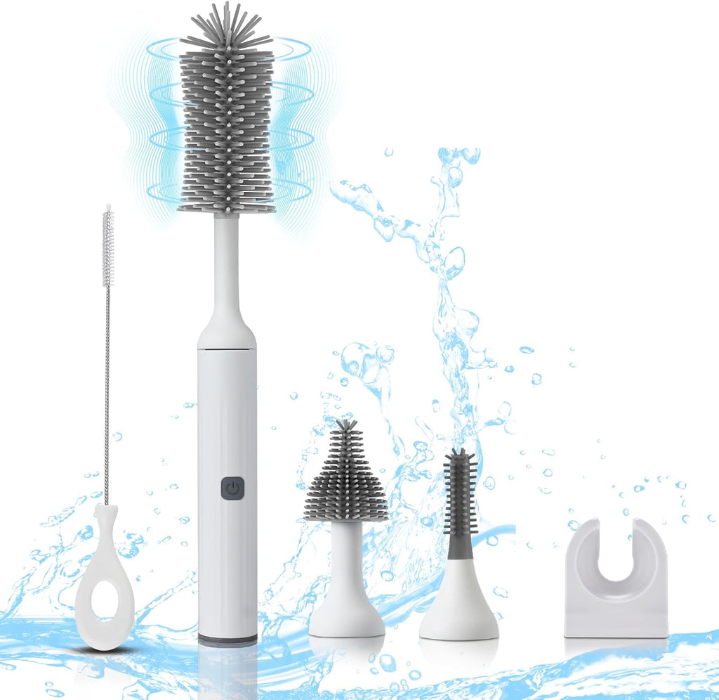 Electric Baby Bottle Brush Set with Rechargeable Electric Bottle Brush Cleaner and Replaceable Silicone Bottle Brushes and Straw Brush Cleaner, Waterproof Multi-Purpose Cleaning Brush (White)