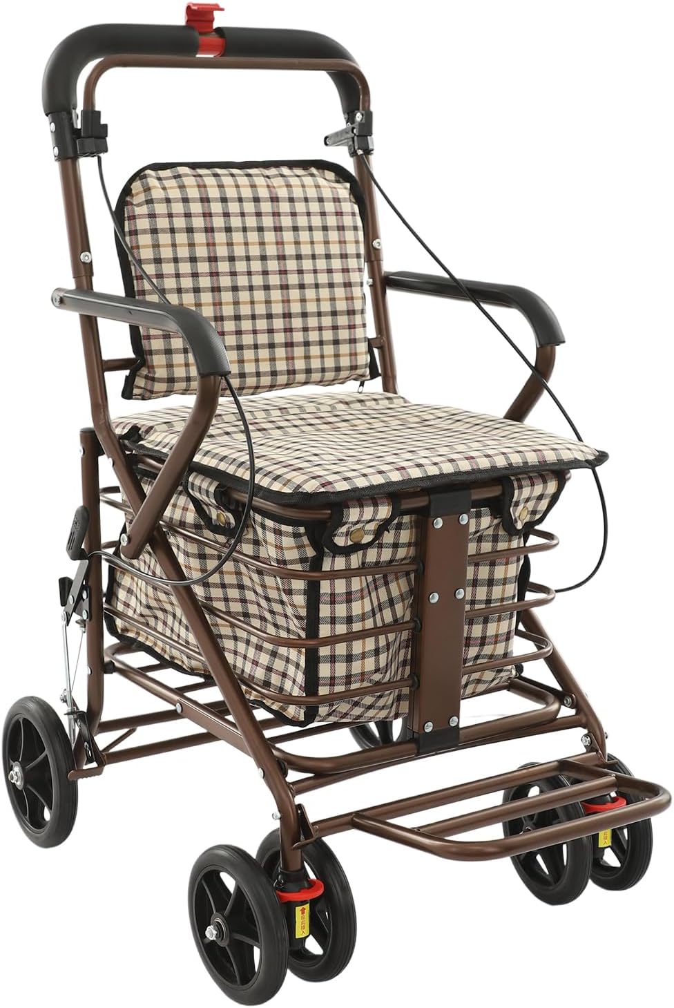 Foldable Shopping Cart with Seat for Seniors - 4 Wheel Rollator Walker, Portable Shopping Trolley with Brakes, Large Basket & Adjustable Armrest, 220lbs Capacity (White Grid)